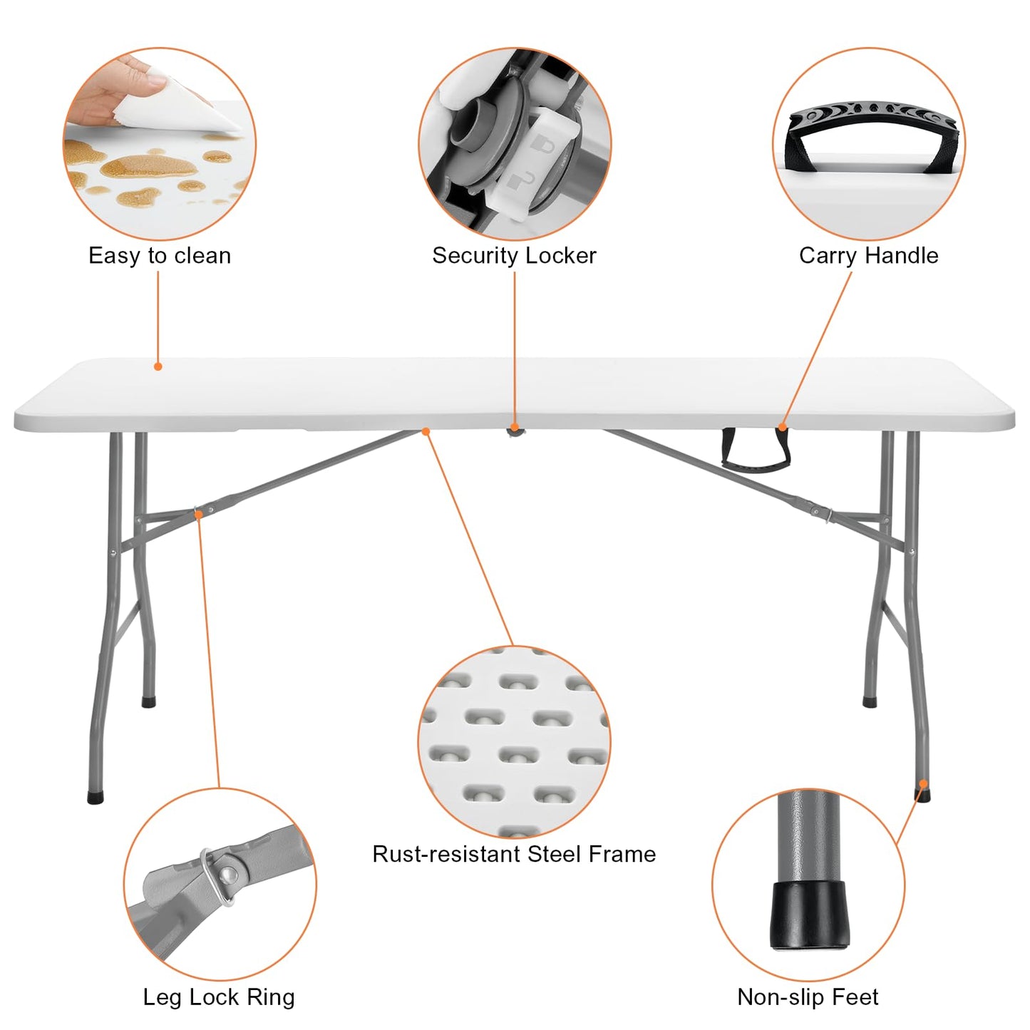 SKOK 330lbs Folding Table 6ft, Plastic Picnic Table Portable with Handle, 6 Foot Folding Table Long with Thicker Tabletop, White Tailgating Utility Commercial Craft Foldable Table for Party & Events