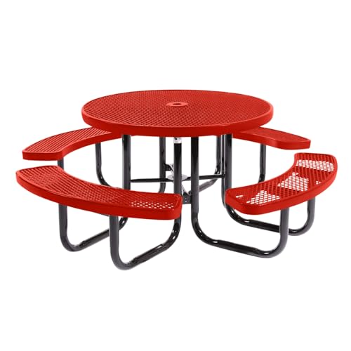 Coated Outdoor Furniture Heavy-Duty Portable Outdoor Picnic Table with Umbrella Hole, Expanded Metal Commercial-Grade Patio Dining Furniture Made in America (46" Round Top, Red)