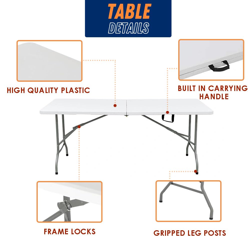 CozyBox 8FT Folding Table Indoor Outdoor Heavy Duty Portable Folding Plastic Dining Table w/Handle, Lock for Picnic, Party, Camping - White (4ft, 6ft, 8ft) (8ft)