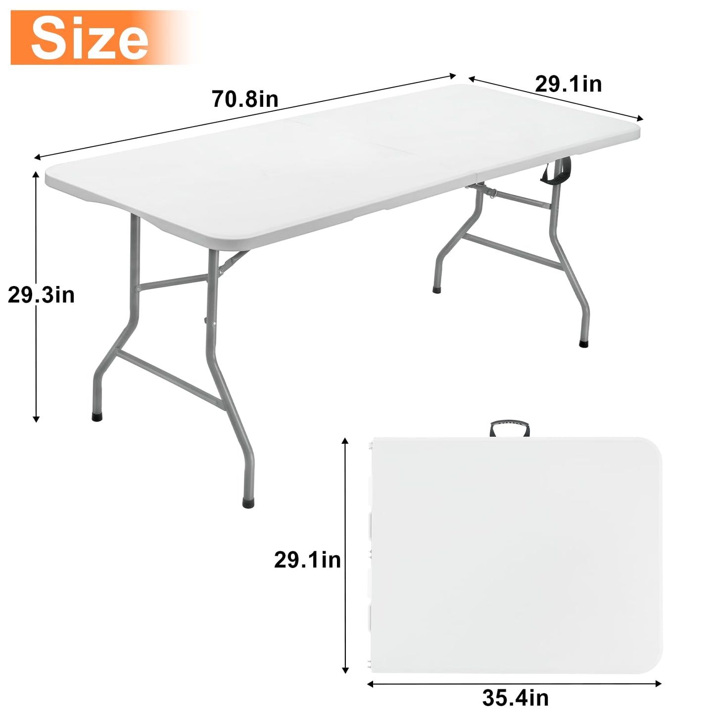 SKOK 330lbs Folding Table 6ft, Plastic Picnic Table Portable with Handle, 6 Foot Folding Table Long with Thicker Tabletop, White Tailgating Utility Commercial Craft Foldable Table for Party & Events