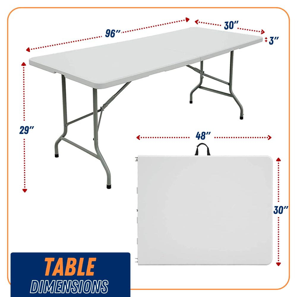 CozyBox 8FT Folding Table Indoor Outdoor Heavy Duty Portable Folding Plastic Dining Table w/Handle, Lock for Picnic, Party, Camping - White (4ft, 6ft, 8ft) (8ft)