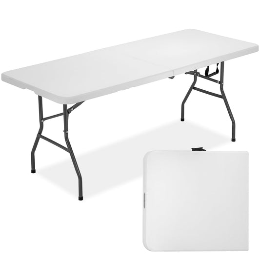 FDW 6 Foot Outdoor Dining Table, Foldable Portable Rectangular Plastic Folding Table with Built in Carrying Handle for Party and Wedding Use, White