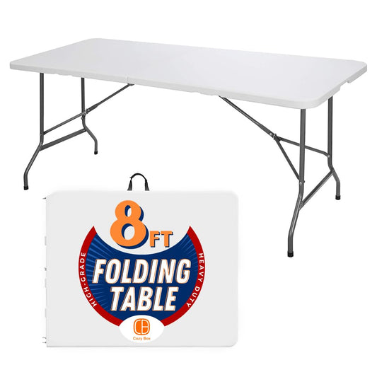 CozyBox 8FT Folding Table Indoor Outdoor Heavy Duty Portable Folding Plastic Dining Table w/Handle, Lock for Picnic, Party, Camping - White (4ft, 6ft, 8ft) (8ft)
