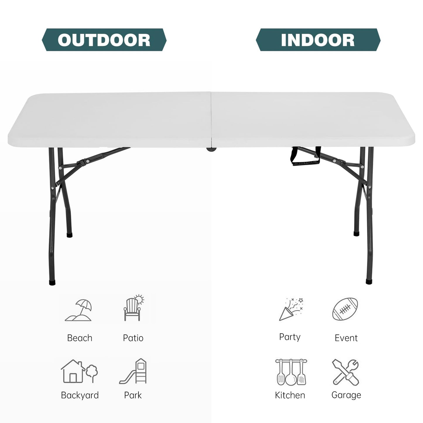 FDW 6 Foot Outdoor Dining Table, Foldable Portable Rectangular Plastic Folding Table with Built in Carrying Handle for Party and Wedding Use, White
