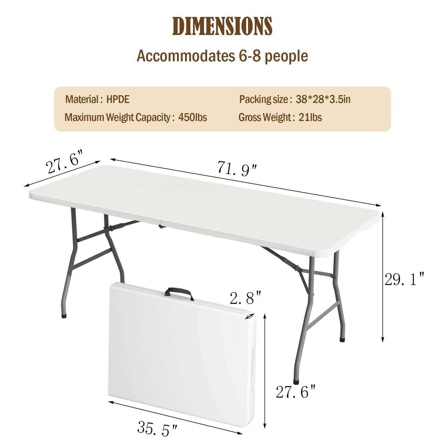 Linkriseed 6FT Folding Picnic Table for Outdoor, Portable, Foldable Table for Camping, Parties, with Carrying Handle (White, 1 Pack)