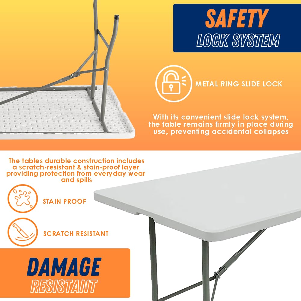 CozyBox 8FT Folding Table Indoor Outdoor Heavy Duty Portable Folding Plastic Dining Table w/Handle, Lock for Picnic, Party, Camping - White (4ft, 6ft, 8ft) (8ft)