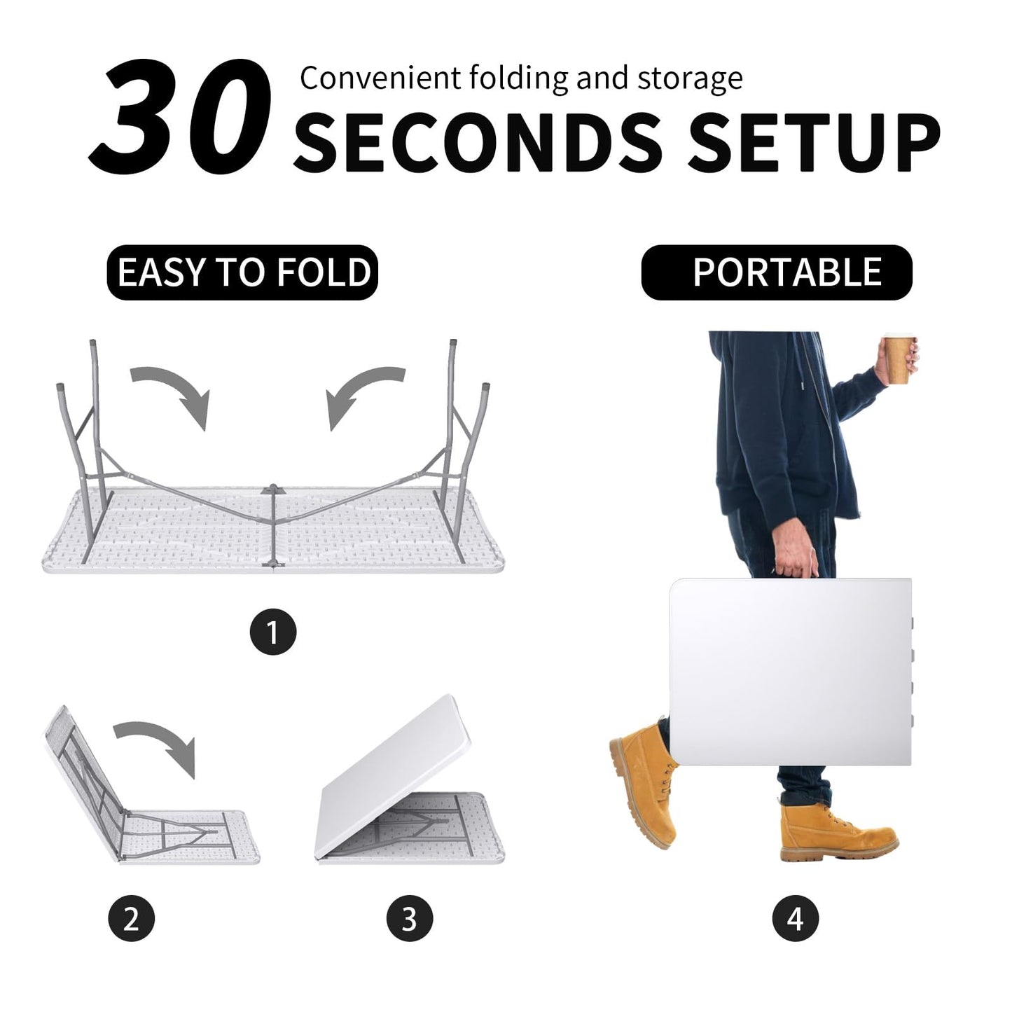 Linkriseed Folding Table 6FT Portable Long Table, No Assembly Required Outdoor Picnic Table Thickened HDPE Panel, Office Foldable Table with Handle & Lock for Parties Wedding Camping (White, 1 Pack)