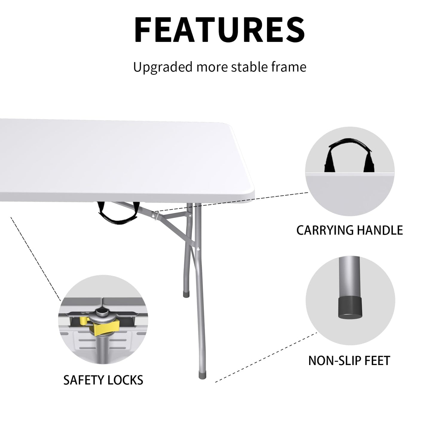 Linkriseed Folding Table 6FT Portable Long Table, No Assembly Required Outdoor Picnic Table Thickened HDPE Panel, Office Foldable Table with Handle & Lock for Parties Wedding Camping (White, 1 Pack)