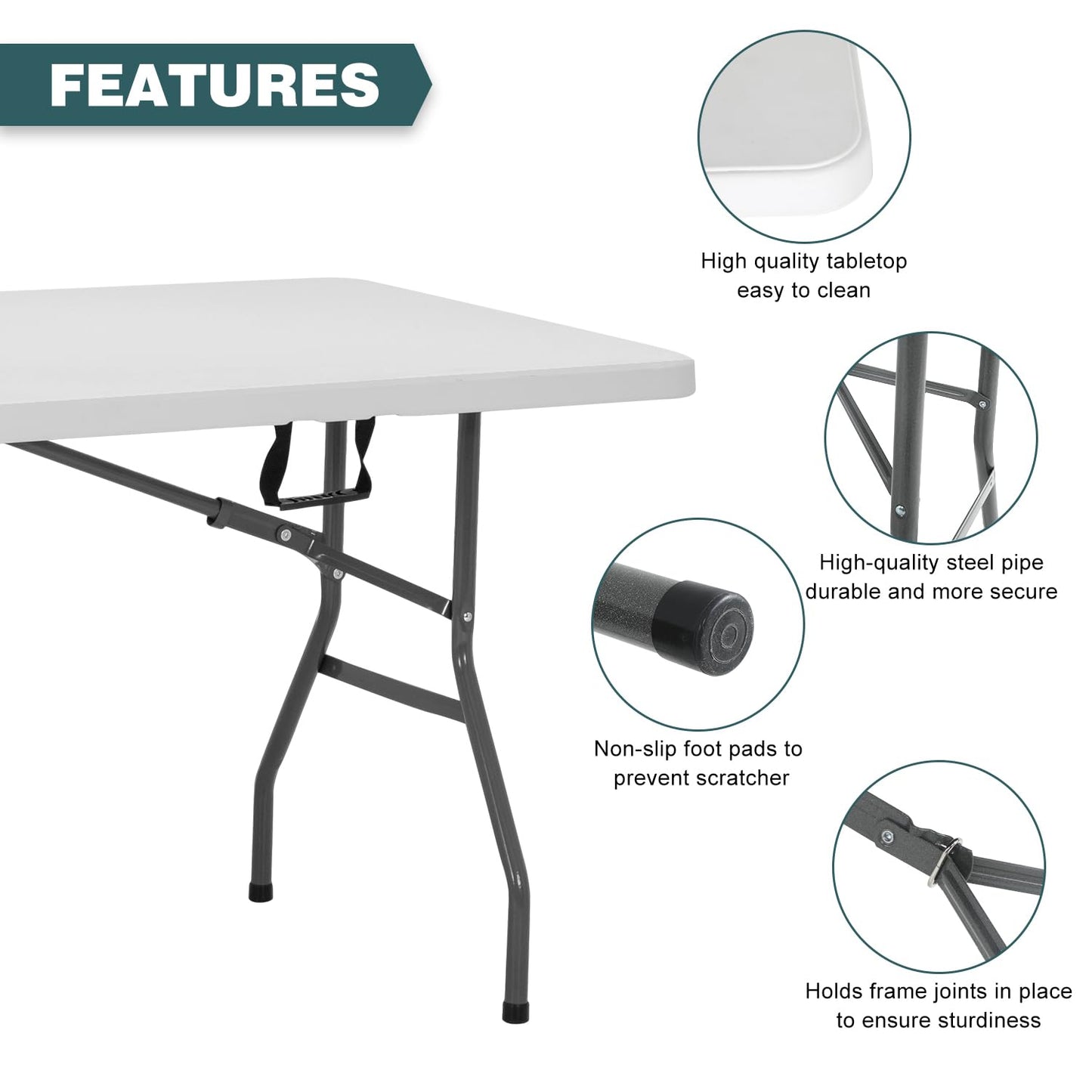 FDW 6 Foot Outdoor Dining Table, Foldable Portable Rectangular Plastic Folding Table with Built in Carrying Handle for Party and Wedding Use, White