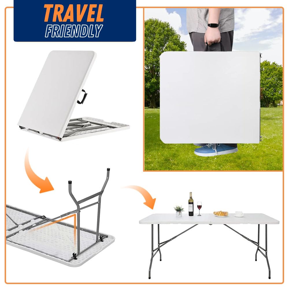 CozyBox 8FT Folding Table Indoor Outdoor Heavy Duty Portable Folding Plastic Dining Table w/Handle, Lock for Picnic, Party, Camping - White (4ft, 6ft, 8ft) (8ft)