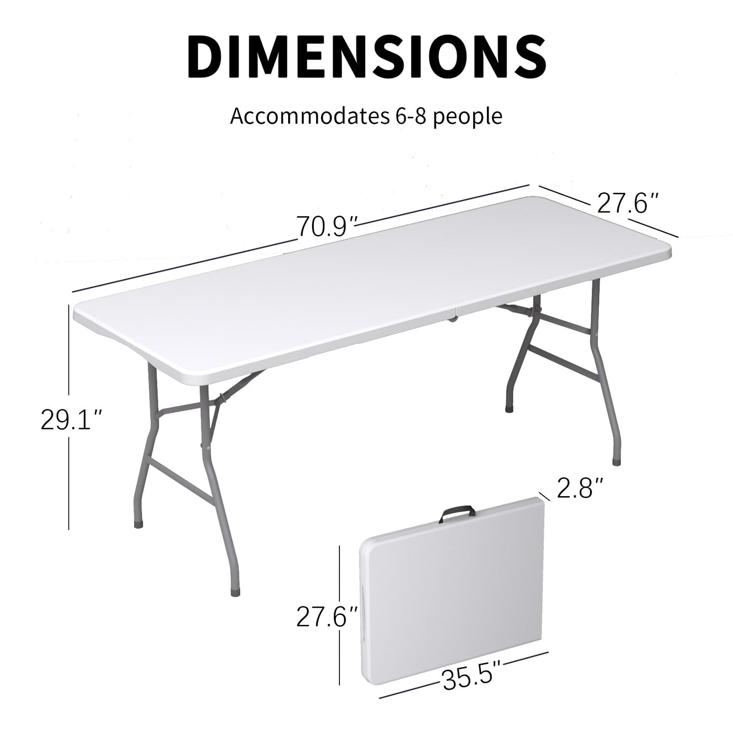 Linkriseed Folding Table 6FT Portable Long Table, No Assembly Required Outdoor Picnic Table Thickened HDPE Panel, Office Foldable Table with Handle & Lock for Parties Wedding Camping (White, 1 Pack)