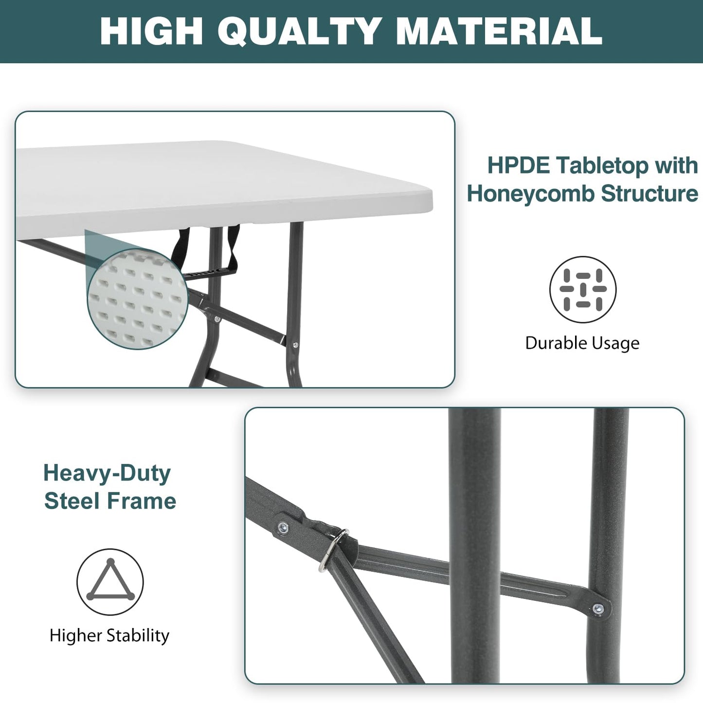FDW 6 Foot Outdoor Dining Table, Foldable Portable Rectangular Plastic Folding Table with Built in Carrying Handle for Party and Wedding Use, White