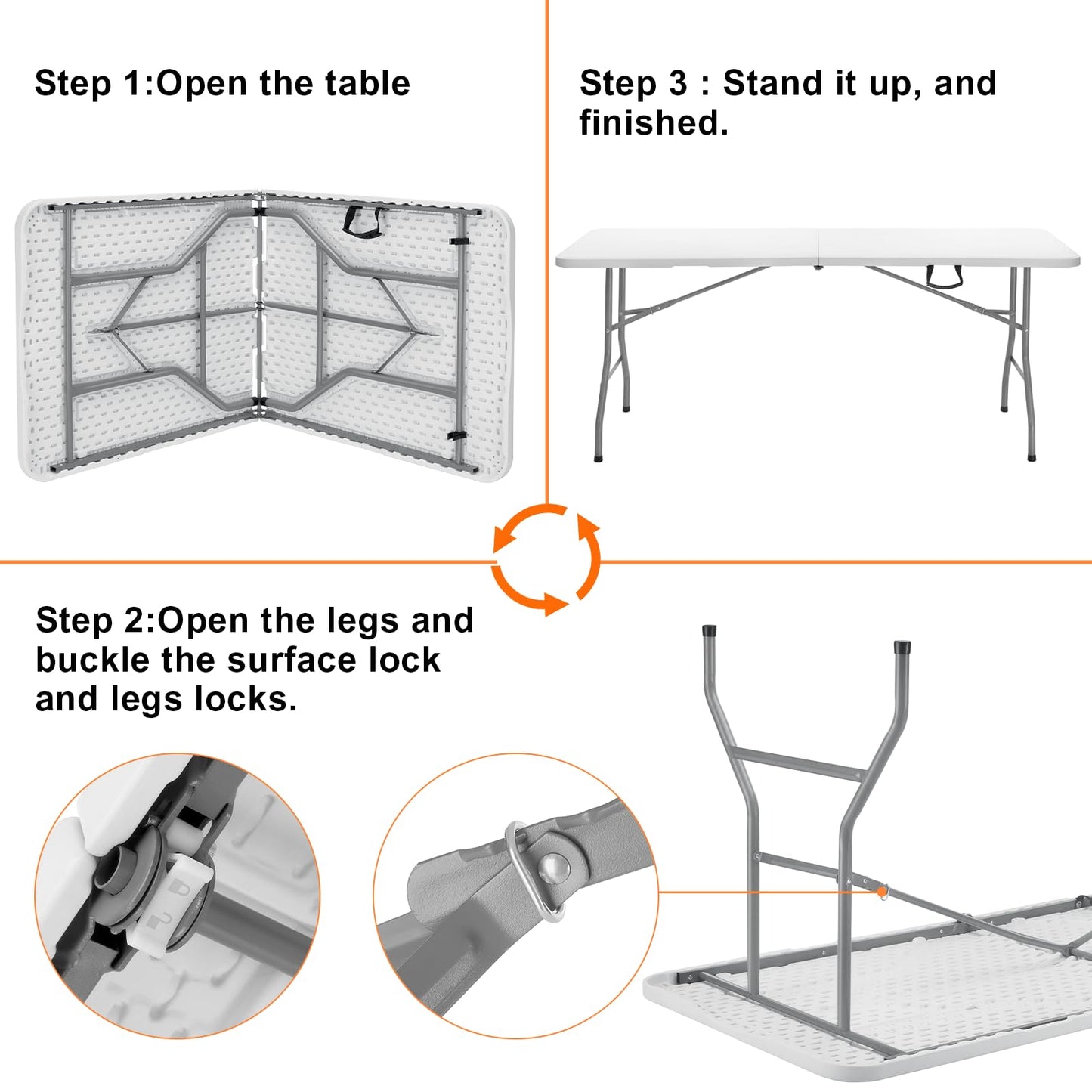SKOK 330lbs Folding Table 6ft, Plastic Picnic Table Portable with Handle, 6 Foot Folding Table Long with Thicker Tabletop, White Tailgating Utility Commercial Craft Foldable Table for Party & Events