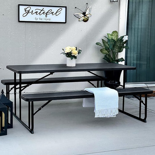 YITAHOME 6FT Large Folding Picnic Table w/Easy Assembly Steel Frame & Wood Like Tabletop, All Weather Folding Picnic Tables with Benches Ideal for Yard Patio Lawn Party, Black