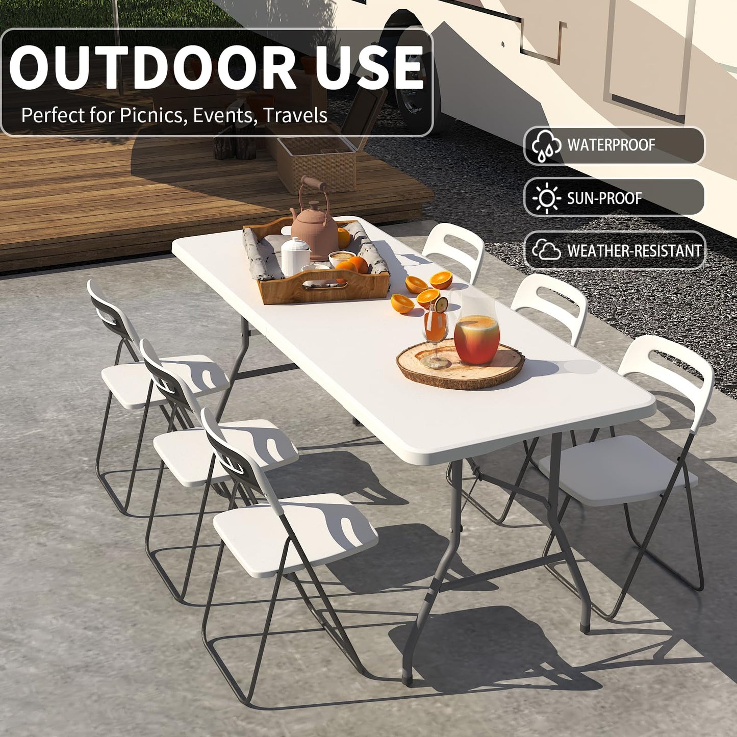 Linkriseed Folding Table 6FT Portable Long Table, No Assembly Required Outdoor Picnic Table Thickened HDPE Panel, Office Foldable Table with Handle & Lock for Parties Wedding Camping (White, 1 Pack)