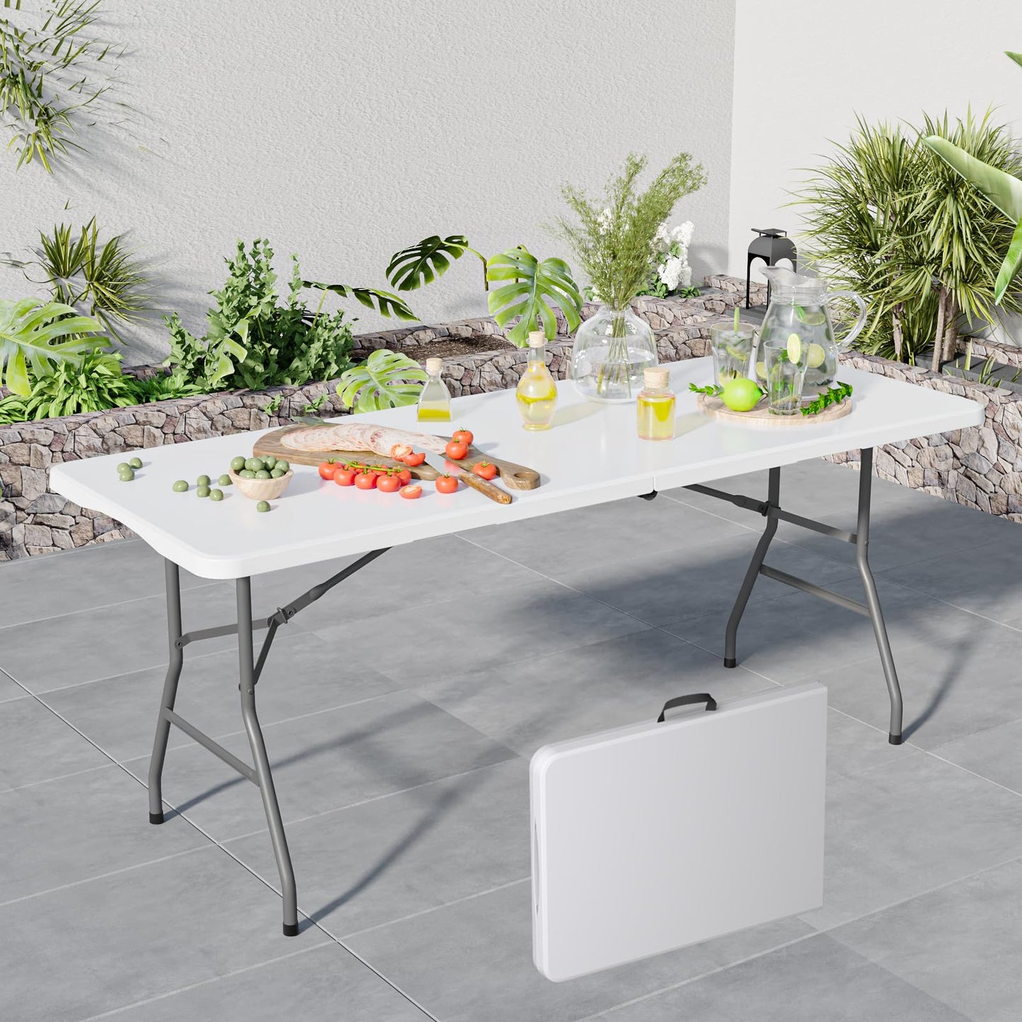 Linkriseed Folding Table 6FT Portable Long Table, No Assembly Required Outdoor Picnic Table Thickened HDPE Panel, Office Foldable Table with Handle & Lock for Parties Wedding Camping (White, 1 Pack)