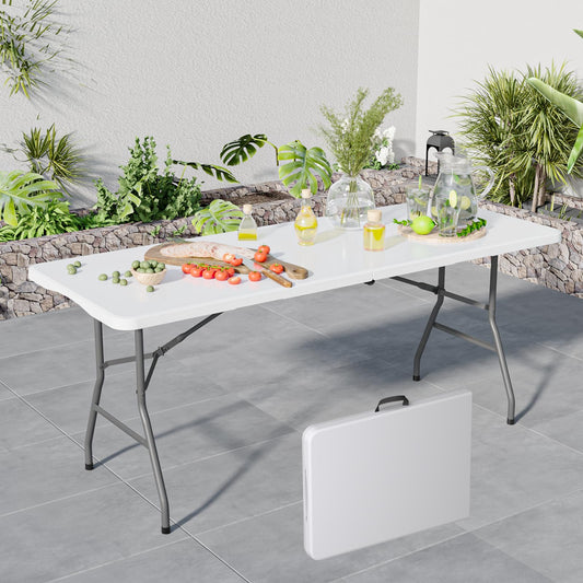 Linkriseed Folding Table 6FT Portable Long Table, No Assembly Required Outdoor Picnic Table Thickened HDPE Panel, Office Foldable Table with Handle & Lock for Parties Wedding Camping (White, 1 Pack)