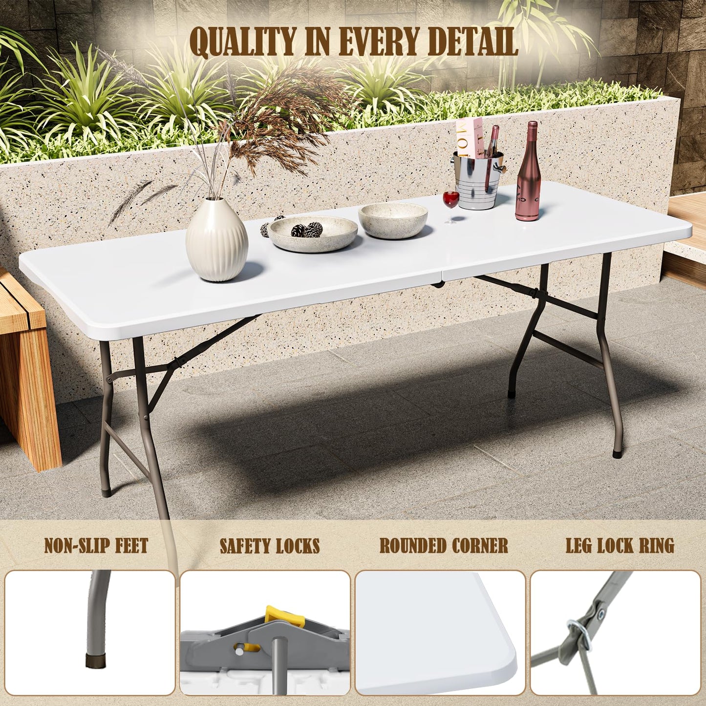 Linkriseed 6FT Folding Picnic Table for Outdoor, Portable, Foldable Table for Camping, Parties, with Carrying Handle (White, 1 Pack)