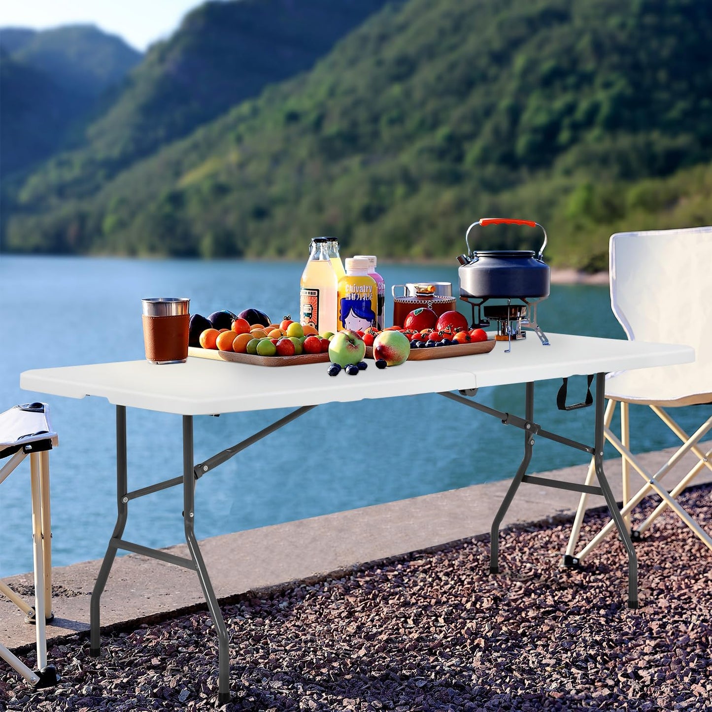 PayLessHere Folding Tables Plastic 6ft Half Portable Foldable Table for for Parties Wedding BBQ Camping, White 6 FT