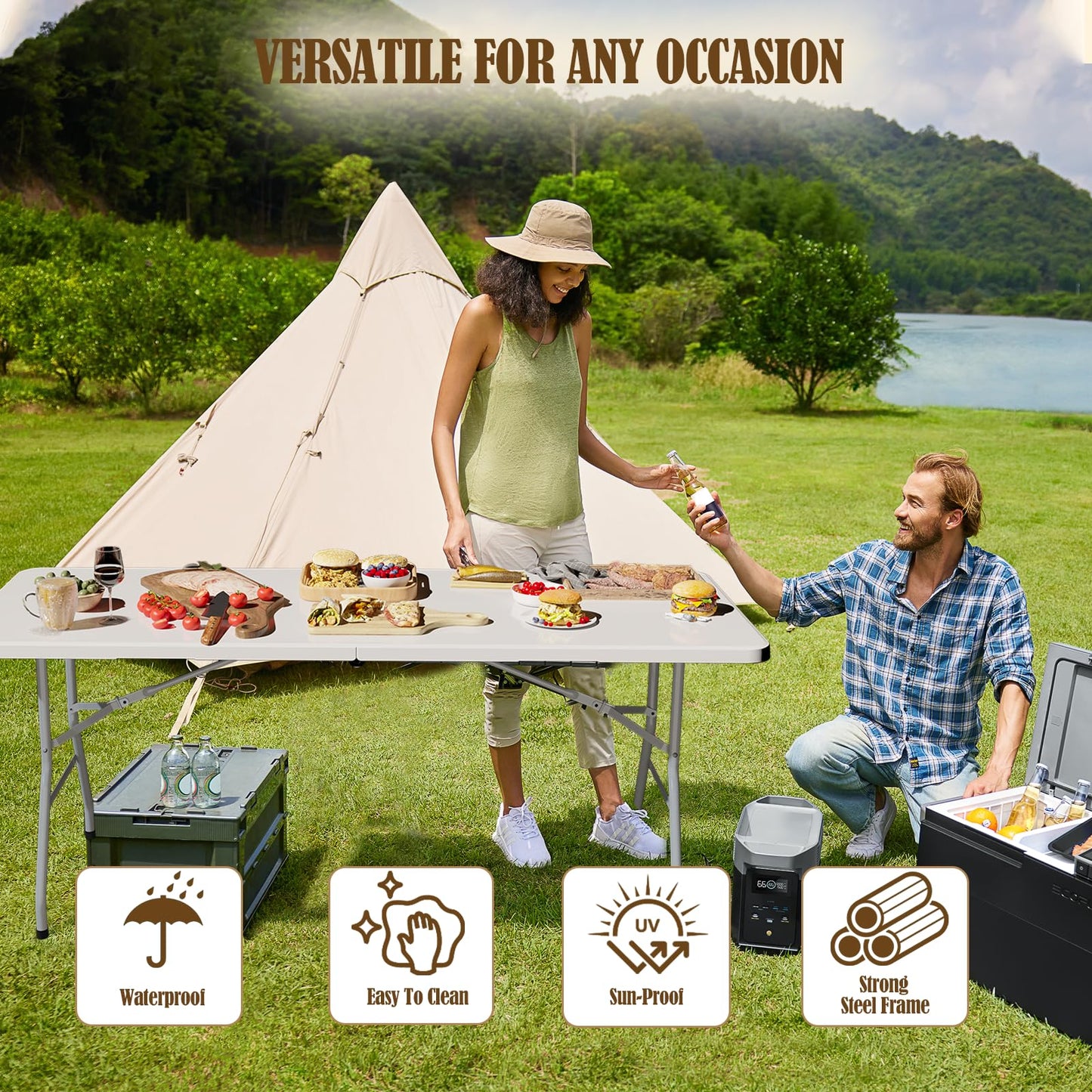 Linkriseed 6FT Folding Picnic Table for Outdoor, Portable, Foldable Table for Camping, Parties, with Carrying Handle (White, 1 Pack)